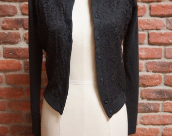 Vintage 50s cardigan sweater Black Lace Gold Embellished beaded Womens Long Sleeve Sequins