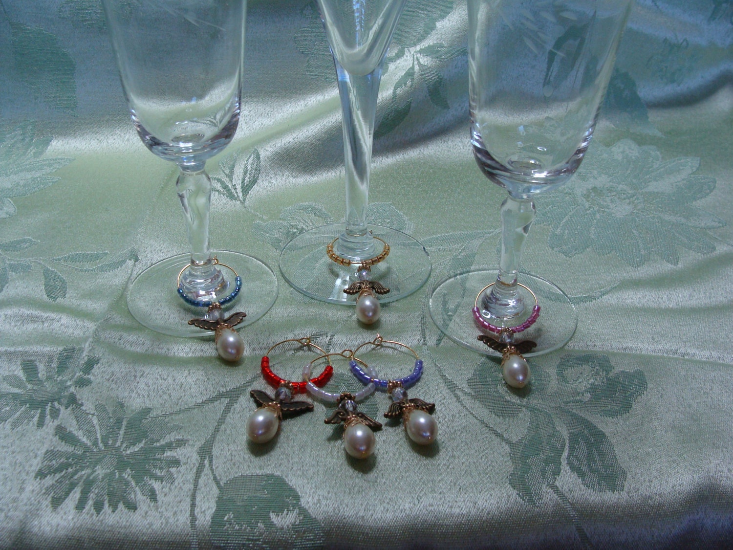 Gold Wine Glass Charms with Beige Pearl Angels by Nanajanece