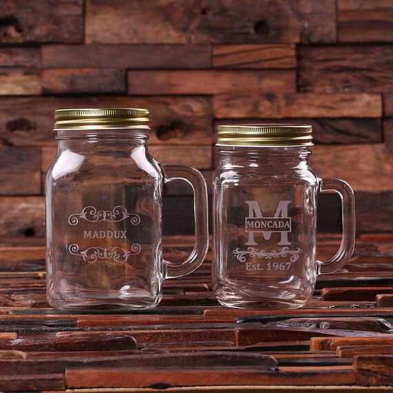 Set of 2 Personalized Engraved Glass Mug or Mason Jar with