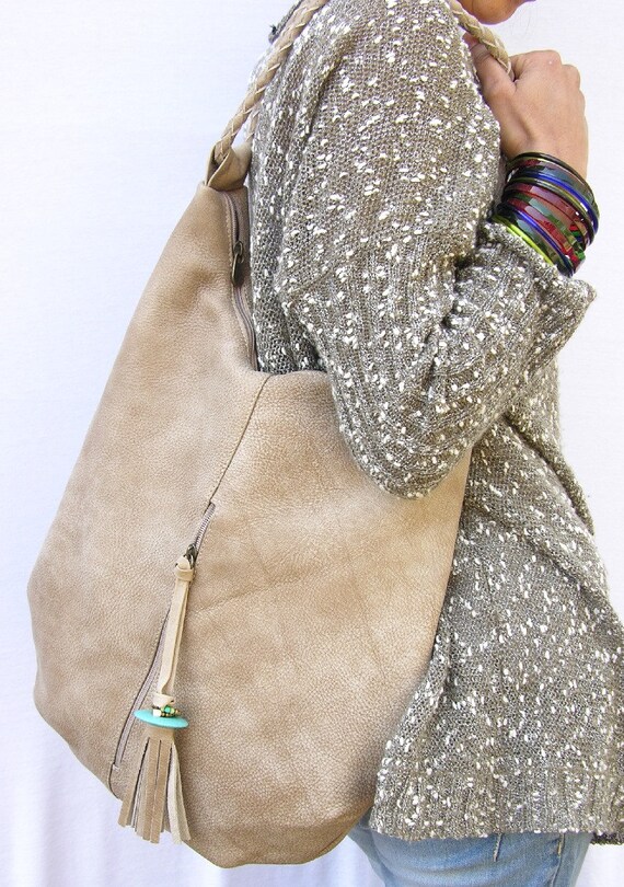 Large Leather Tote Hobo bag with tassel handmade by RuthKraus