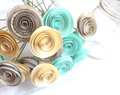 Mint Summer Wedding - Mint Paper Flowers - Bridal Bouquet - Wedding Centerpiece - Gold and Mint Flowers - Two Dozen Roses - Beach Wedding 