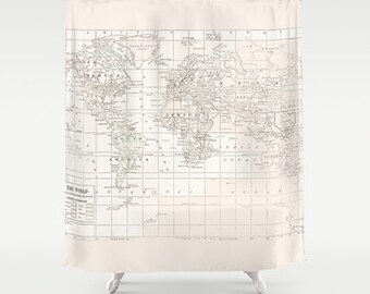 Cream on White World Map Shower Curtain - Historical map - Home Decor - Bathroom - travel decor, minimalist, fabric, bathroom,
