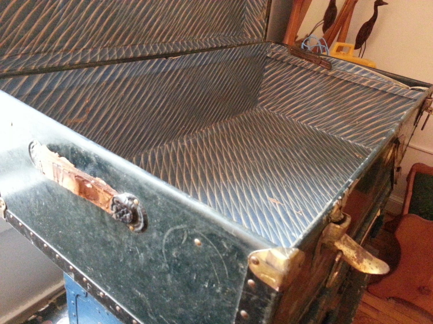 Steamer Trunk Vintage Black with fancy lining paper Price