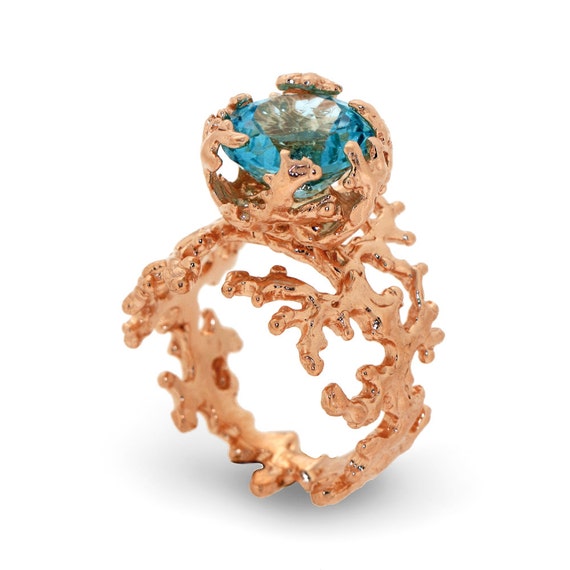 CORAL Blue Topaz Engagement Ring Rose Gold Blue by AroshaTaglia