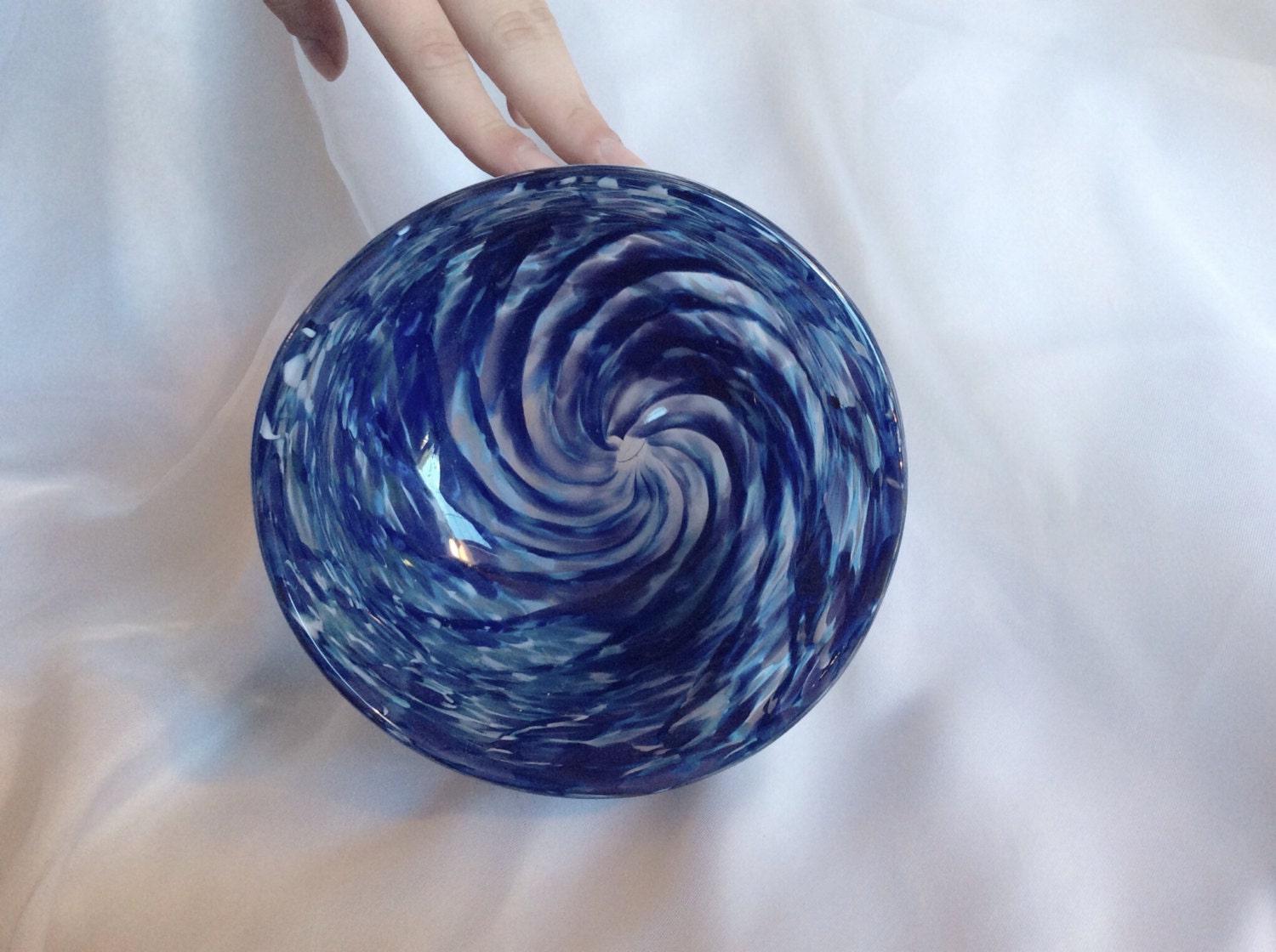 Blue and White Blown Glass Bowl. Hand Blown Glass Art. Blue