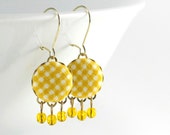 Dangle Earrings - Spring Yellow Gingham - Yellow and White Fabric Covered Buttons Earrings with Czech Glass Beads