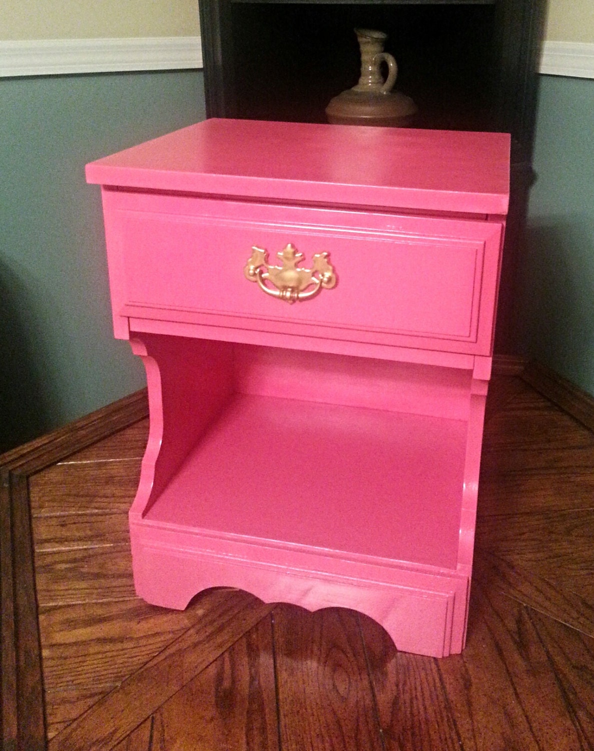 Hot Pink Nightstand With Gold Hardware and Stenciling by PRIMOR
