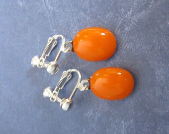 Bright Orange Clip On Earrings, Dangle Clip Earring, Screw Back, Halloween Earring, Fused Glass Jewelry - Wilson - 2175 -1