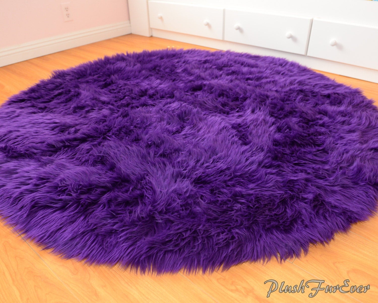 Royal Purple Shaggy Round Area Rug Throw Decor Luxury Faux Fur