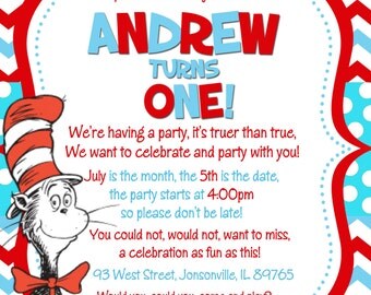 Dr. Seuss Cat in the Hat Birthday Party Invitation -Digital or Printed