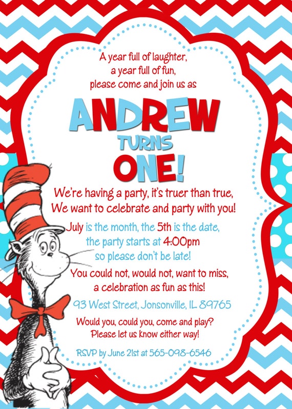 Dr. Seuss Cat in the Hat Birthday Party Invitation Digital or