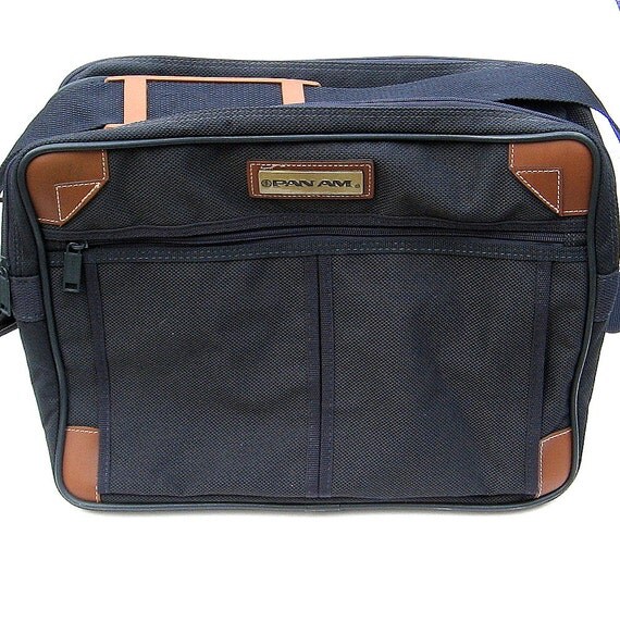 PAN AM Carry Tote Vintage 1970s Luggage Blue Canvas Pan