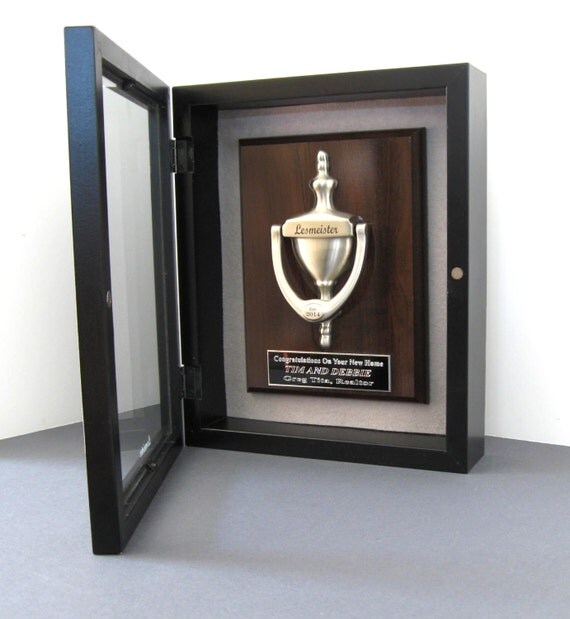 DOOR KNOCKER & Plaque Engraved Shadow Box Satin Nickel