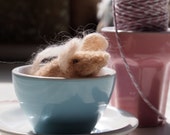 Unique needle felted brown mouse in mini blue teacup! Cute gift or decoration.