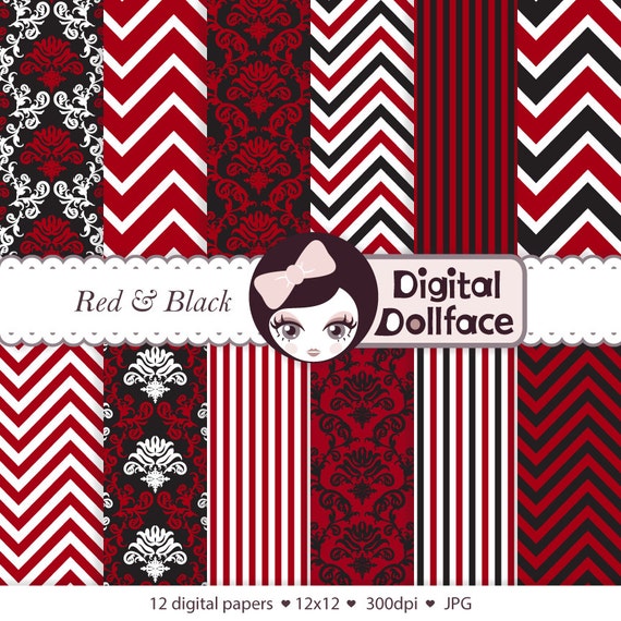 Items similar to Red and Black Digital Paper, Damask, Chevron Scrapbook ...