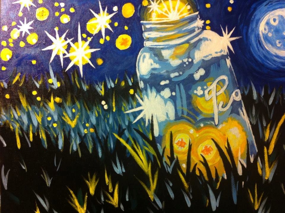 Colorful painting of a jar of fireflies at by SarahButlersArtwork