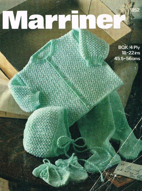 Marriner 1852 baby pram suit vintage knitting pattern PDF