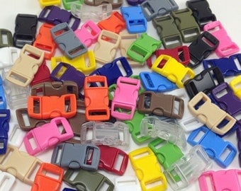 100 Paracord Buckle Clasps - 3/8" Curved Side Release 3/8 webbing Great clips for Paracord Bracelets - 15 Colors - USA seller FREE shipping