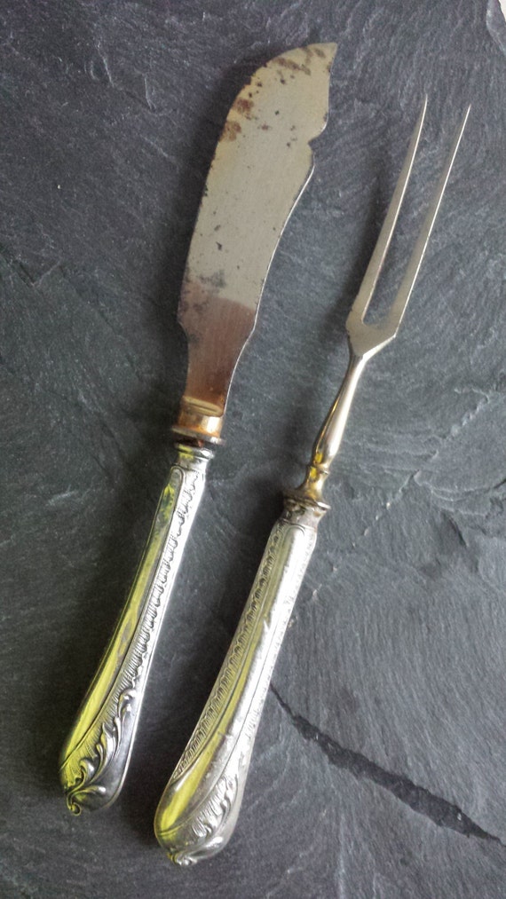 Antique STERLING Handle Fish Serving Fork and Knife Set