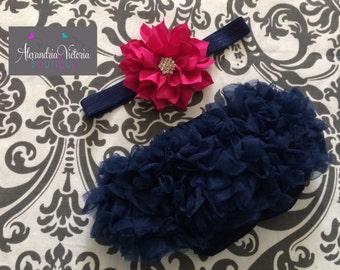 NAVY BLUE BLOOMER set, baby headband and chiffon ruffle diaper cover, navy blue and fuschia baby set, photo prop, shabby chic