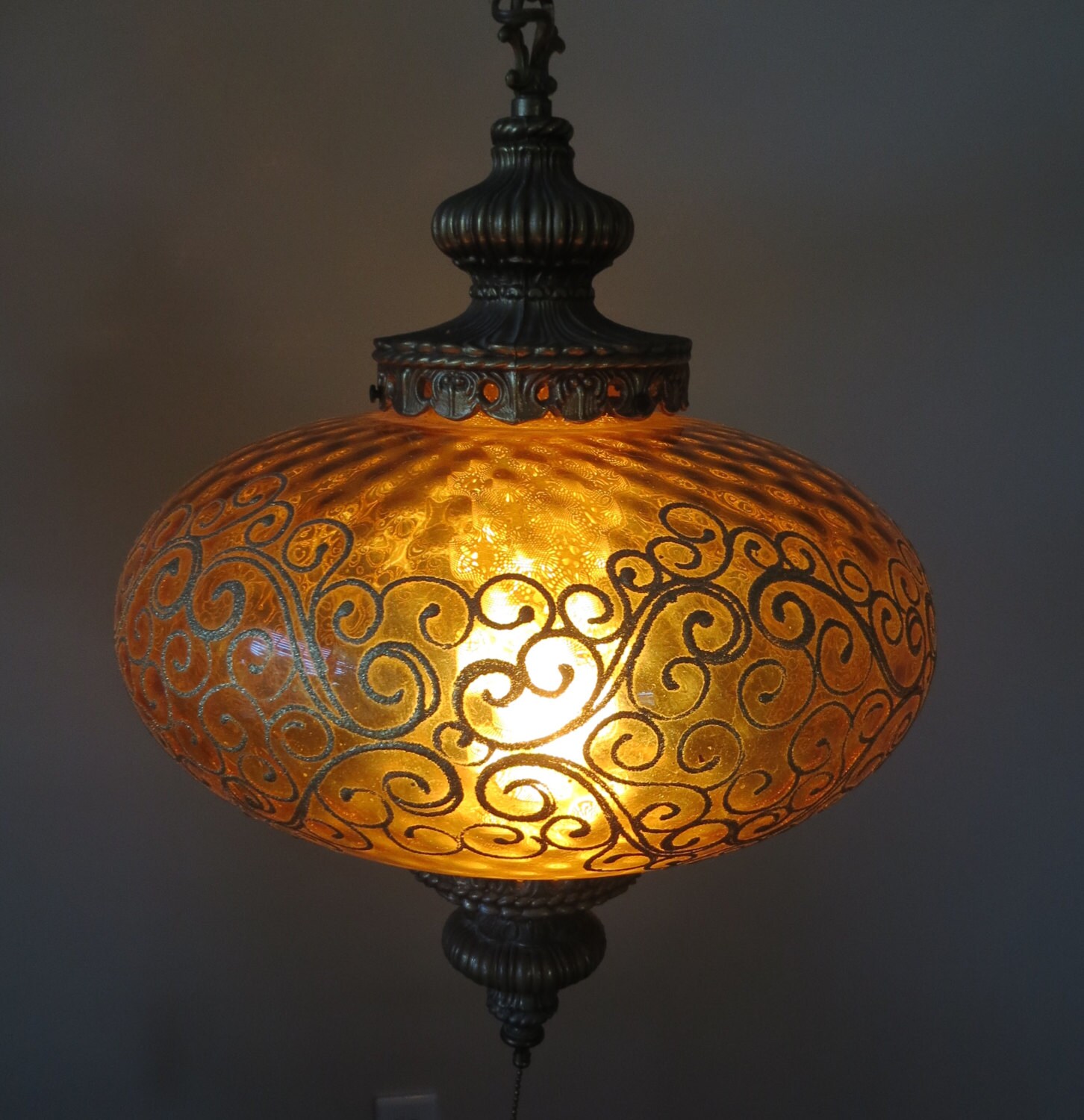 RESERVED-Vintage Mid Century Amber Glass Swag Hanging Lamp UFO