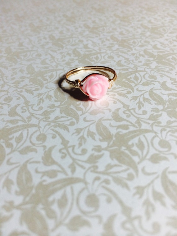 Pink rose wire wrapped ring