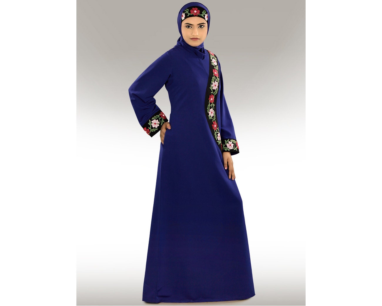 blue and white abaya