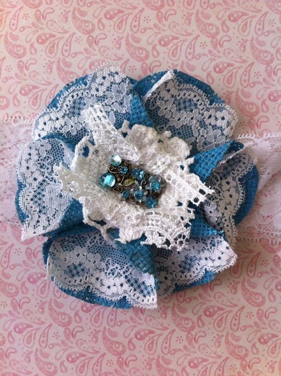 Turquoise Burlap & Lace Flower Applique/ Magnetic Lampshade Embellishment/ Bridal Hair Accessory/ Womens, Girls Headband/ Flower Brooch Pin