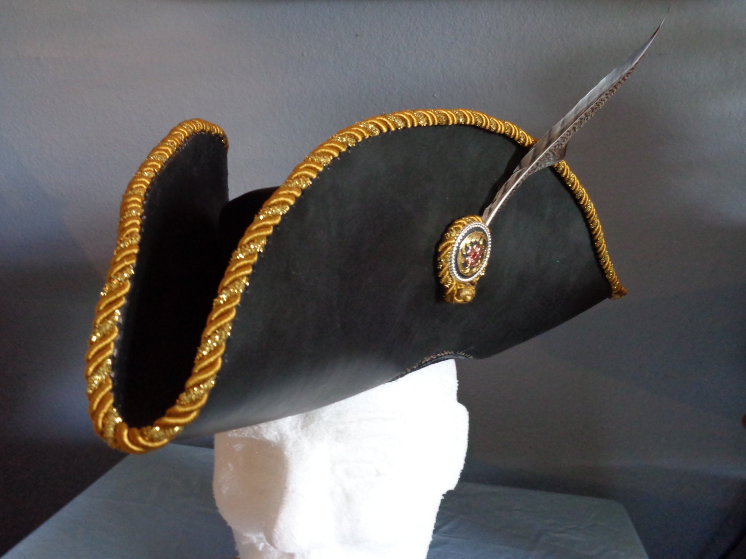 Tricorn Leather Hat With Gold Braided Edge, Silver and Gold Concho