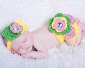 Made to Order/Newborn 6 Months Baby Girl Handmade Crochet Photo Prop Set w/Headband & Adjustable Diaper Cover/ Flowers/JoellaCrochet