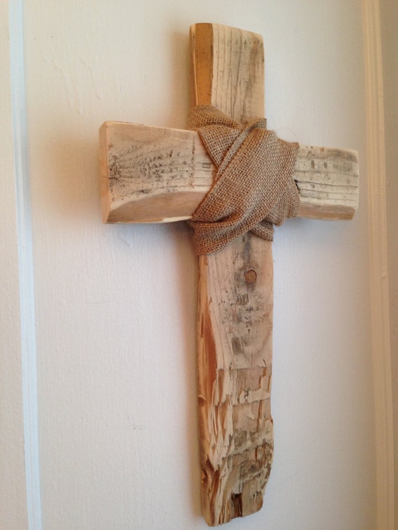 Distressed Rustic Cross Wall Art Hanging Wrapped In Burlap