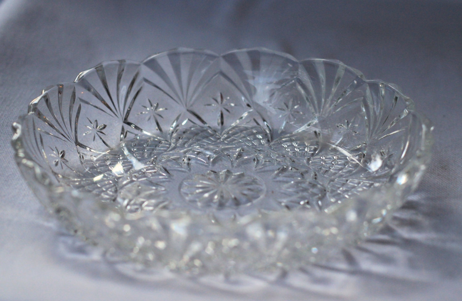 French styled Pressed Cut Glass Shallow Serving Dish Bowl Vintage Glass