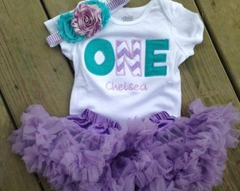 Lavender chevron and teal birthday outfit - 1st birthday shirt and headband - ONE 1st birthday outfit