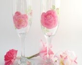 Hand Painted Pair of Shabby Pink Roses wine flutes