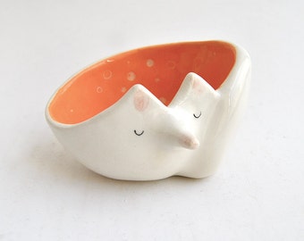 Ceramic Fox Bowl with Orange Engobe and Sgraffito of Polka Dots Inside. Made To Order