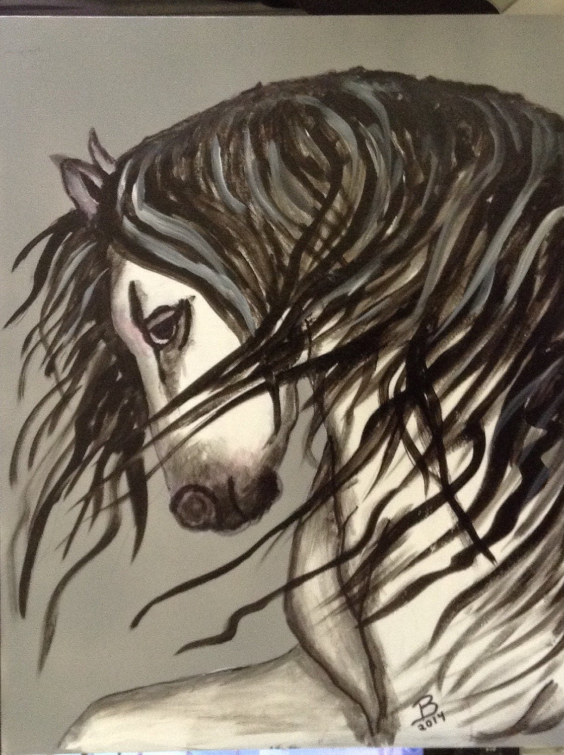 16x20 Abstract Black and White Painting of White Horse