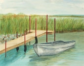 Row Boat, Boat art, Watercolor painting, Cottage art, Landscape