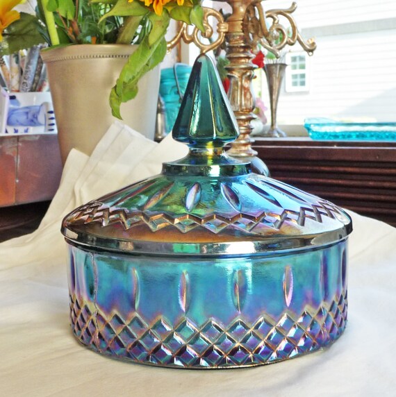 Vintage Blue Carnival Glass Candy Dish by TheVintiqueBoutique