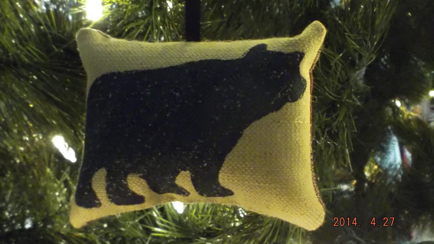 Primitive Blue Bear Stenciled Pillow Christmas Ornament Reversed with Burgundy and Khaki Gingham Star Fabric FREE SHIPPING!