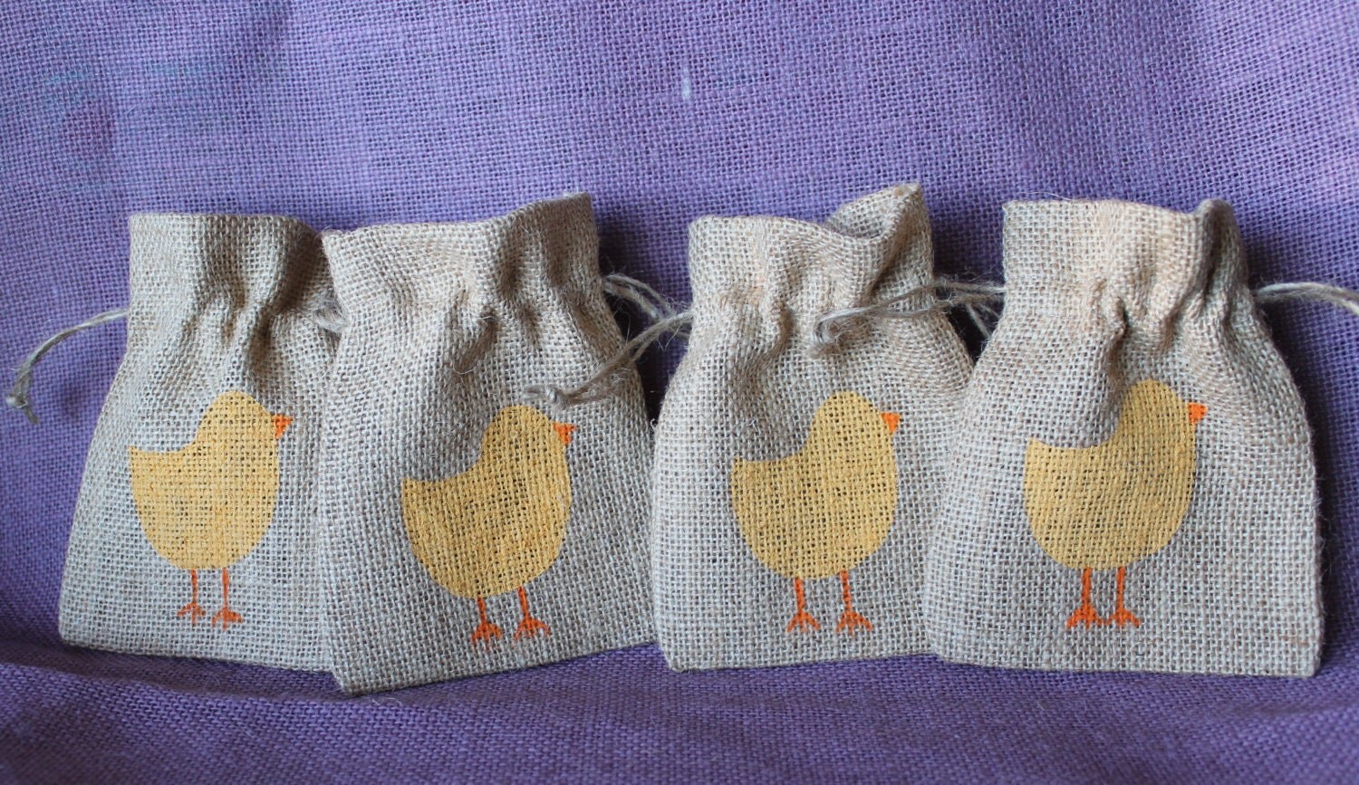 Small burlap Chick bag. Custom Party favor bag. Baby shower