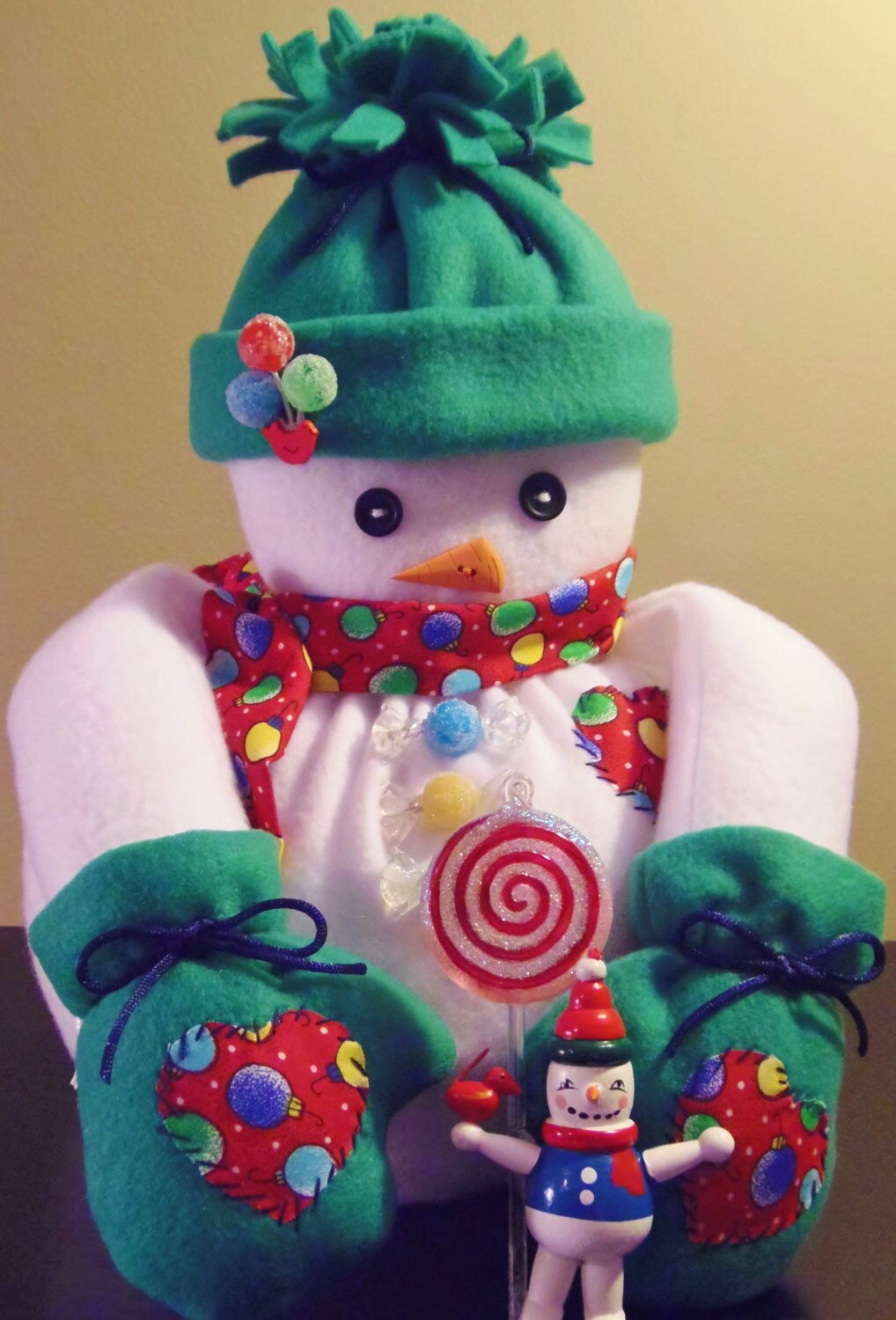 Snowman with Christmas Ornament Scarf and Candy Accents