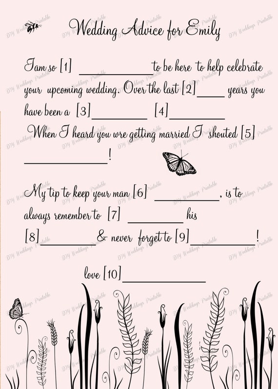 Wedding Mad Libs template Printable Rustic DIY Butterfly
