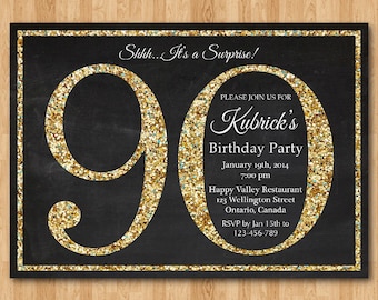 90th birthday invitation. Gold Glitter Birthday Party invite. Adult Surprise Birthday. Elegant. Printable digital DIY.