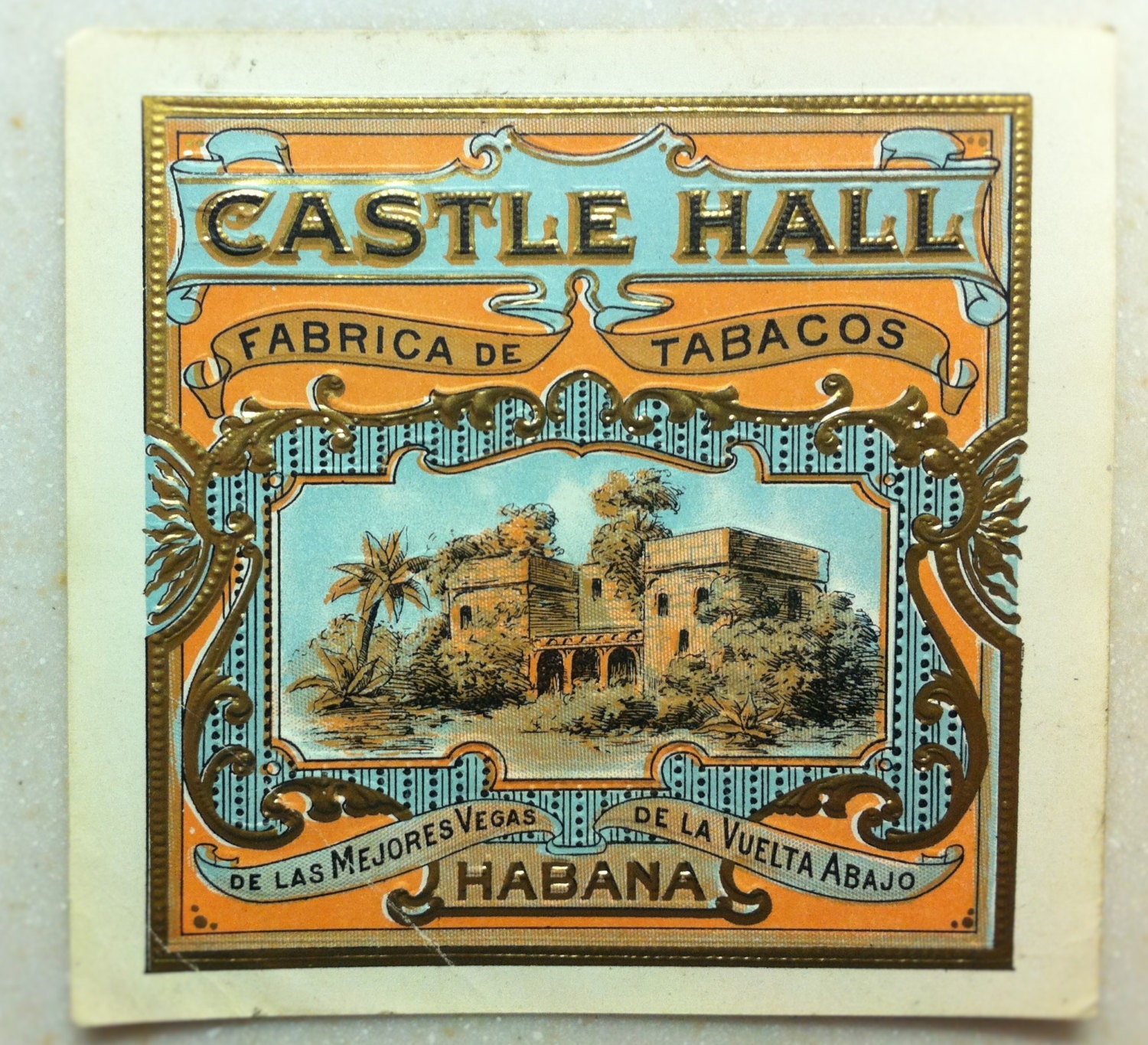 vintage castle hall cuban cigar box label art embossed with