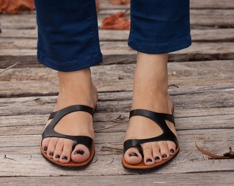 Black Leather Sandals, Black Sandals, Summer Shoes, Asymmetric Sandals, Flip-Flops , Free Shipping