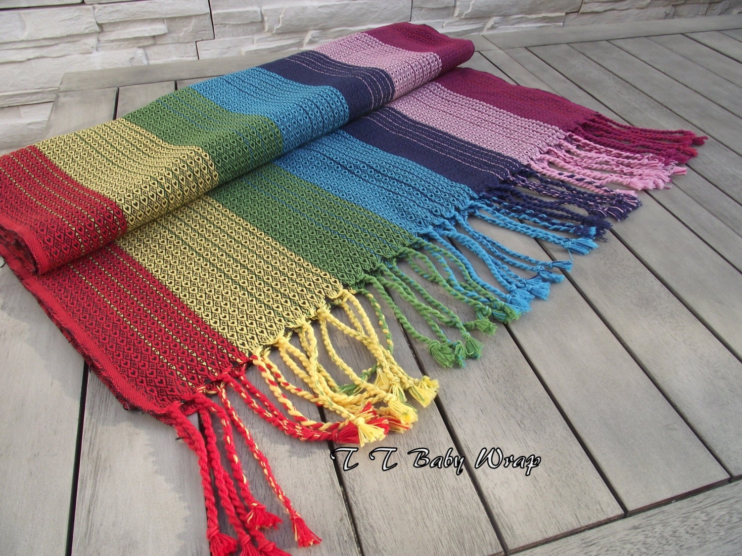 Hand Woven Baby WrapRainbow warpblack weft colorsHeart