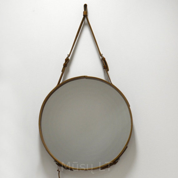 Round Wall Leather Hanging Mirror with Strap and buckle