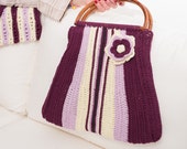 Purple Striped Handmade Crochet Women Handbag Tote with a Flower