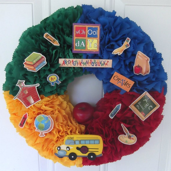 Items similar to Back to school fabric wreath, primary colors wreath
