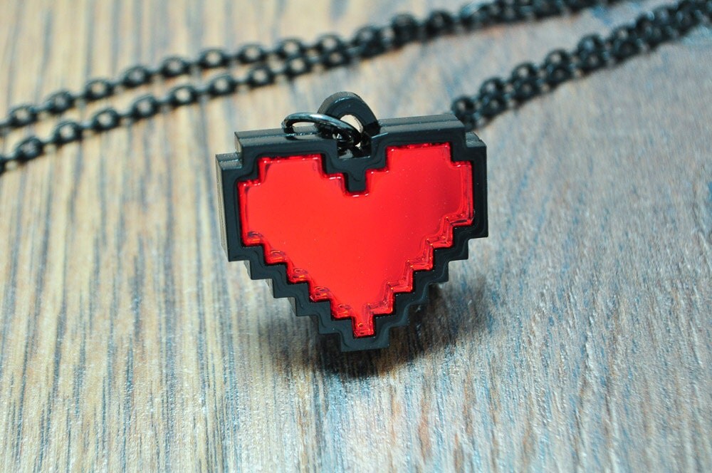 Shiny 8 Bit Pixel Pixelated Heart Pendant Necklace